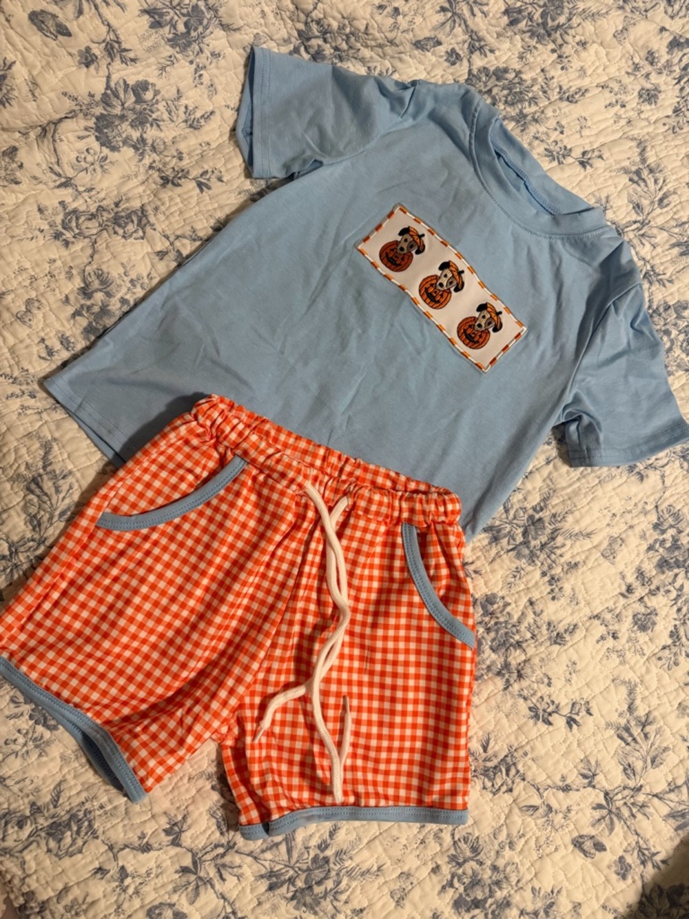 Blue Short-Sleeve Kids Pajama Set with Orange Gingham Shorts